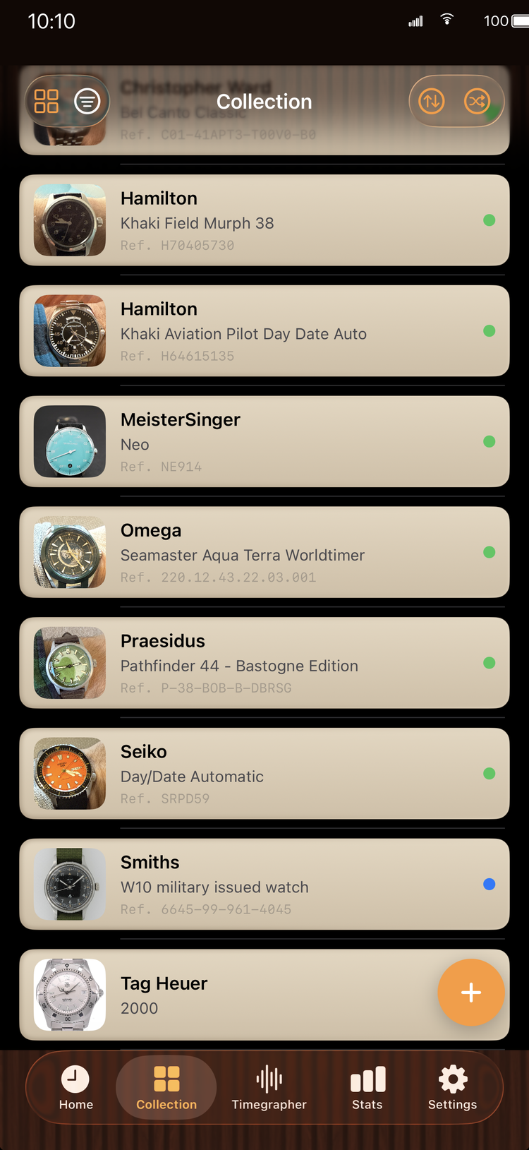 WearTime collection list view